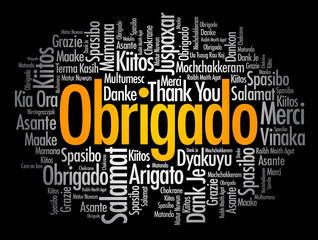 Obrigado (Thank You in Portuguese) Word Cloud in different languages