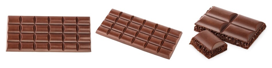 Small dark chocolate pieces isolated on white background with clipping path. Set or collection