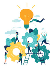 Business concept vector illustration, little people are launching a mechanism to achieve ideas, a light bulb is shining appears an idea, a symbol of creativity, creative ideas, mind, thinking.
