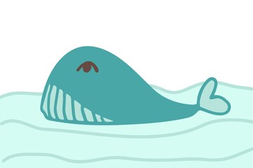 Hand drawing pretty blue whale in the ocean design. Vector illustration design for fashion fabrics, textile graphics, prints. Black stroke isolated on white