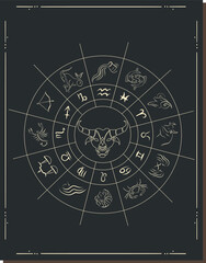 Astrology horoscope circle with zodiac signs vector background. Form symbol horoscope calendar, collection zodiacal animals illustration. Zodiac Signs