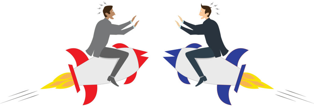 Two businessman on rockets showing concept of startup business competition