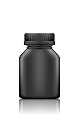 Black medicine square bottle mockup isolated on white background. Plastic package design. Blank sport or dietary nutrition, healthcare template. 3d realistic vector illustration