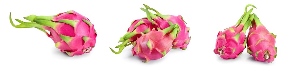 Ripe Dragon fruit, Pitaya or Pitahaya isolated on white background, fruit healthy concept. Set or collection