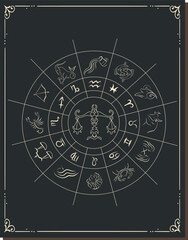 Astrology horoscope circle with zodiac signs vector background. Form symbol horoscope calendar, collection zodiacal animals illustration. Zodiac Signs