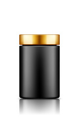 Black plastic jar bottle mockup with golden cap isolated on white background. Packaging design. Blank sport or dietary nutrition, healthcare template. 3d realistic vector illustration