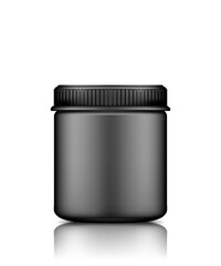 Dark plastic jar mockup isolated on white background. Packaging design. Blank sport, householding or dietary nutrition, healthcare bottle template. 3d realistic vector illustration