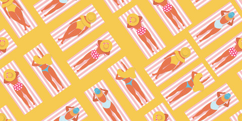 Seamless pattern of women in different swimsuit. Girls in big hat, retro and modern bikini  sunbathe on sand. Cute illustration in flat style. Summer time and  beach vacation concept.