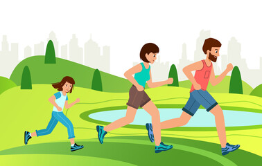 Family Jogging Exercise Together in park. Active Lifestyle and World Health Day. Parents with Children Doing Running and Training. Vector illustration.