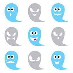 Halloween ghost vector icons set - cute scary, friendly, happy characters for celebrating Halloween 