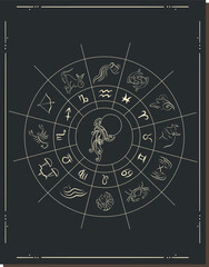 Astrology horoscope circle with zodiac signs vector background. Form symbol horoscope calendar, collection zodiacal animals illustration. Zodiac Signs