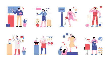 Characters and icons of various professions.