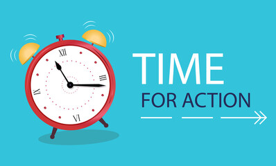 Business Concept time to action. Banner Alarm clock on a blue background. Vector illustration in flat style.