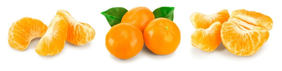 tangerine or mandarin fruit with leaves isolated on white background. Set or collection