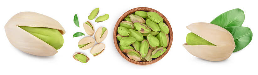 pistachio with leaves isolated on white background with clipping path and full depth of field. Set r collection