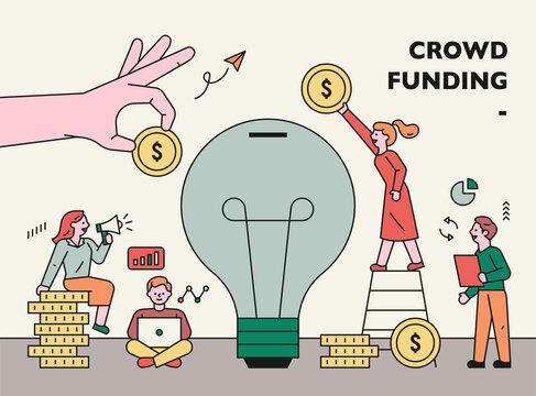 People are putting money in huge light bulbs. Crowdfunding concept poster.