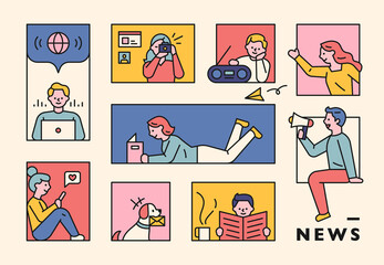 People are notifying and receiving news through various media. flat design style minimal vector illustration.