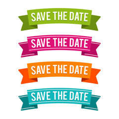 Colorful Save the Date ribbons on white Background.