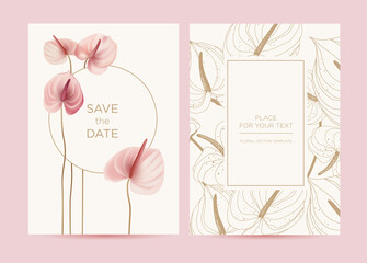 Wedding invitation in the botanical style. Pink anthurium flowers on a delicate background. Background for the invitation, shop, beauty salon, spa. - 355132771