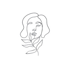 Linear female beauty simple face. Botanical element. Graphic leaf. Minimal logo. Vector icon design. Continuous line drawing. Woman portrait. Glamour vogue concept. 