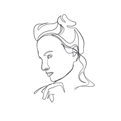 Minimal line vector woman. Linear glamour portrait woman. Portrait profile of girl. Linear glamour logo in minimal style for beauty salon, beautician, makeup artist, stylist. Hand drawn art.