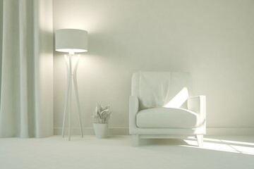 Stylish minimalist room with sofa in green color. Scandinavian interior design. 3D illustration