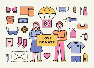 Various relief items icons and characters holding a picket. flat design style minimal vector illustration.