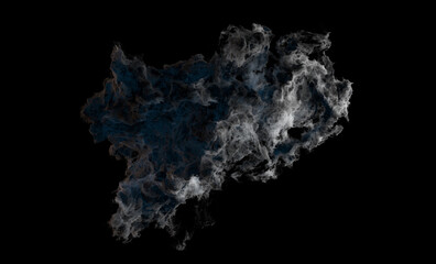 3d render of abstract explosion form with smoke and  blue emission on the black background.