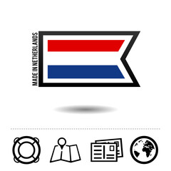 Made in Netherlands flag with travel icons on white Background.