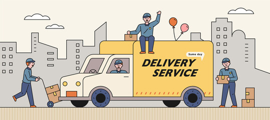 Couriers carrying large courier trucks and boxes. flat design style minimal vector illustration.