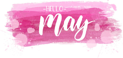 Hello May - handwritten modern calligraphy lettering text on pink brushed lines background. Spring concept.