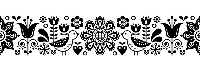Scandinavian seamless vector pattern with flowers and birds, Nordic folk art repetitive black and white ornament 
  
