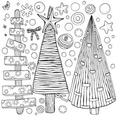 Set of Christmas hand-drawn decorative elements in vector. Christmas trees, balls, stars. Pattern for coloring book. Black and white.