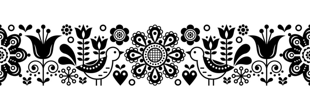 Scandinavian seamless vector pattern with flowers and birds, Nordic folk art repetitive black and white ornament 
  