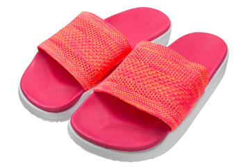 a pair of pink summer slippers, on a white background, diagonal arrangement