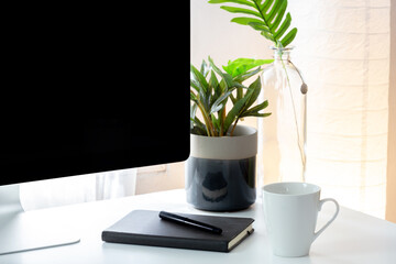 Working creative workspace with computer laptop with coffee cup and notebook, Clean workplace with desktop computer, workspace work from home