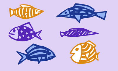 Collection of hand drawn vector illustration of fish. Doodle outline illustration of sea creature isolated on purple background. Cute drawing for children. Design element