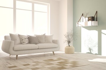 White stylish minimalist room with sofa. Scandinavian interior design. 3D illustration