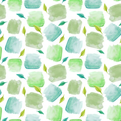 Abstract hand drawn pattern with  leaves of different shades green, blue and watercolor stains.  Perfect for printing on the fabric, design package and cover