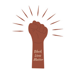 Demonstration, revolution, protest raised arm fist with Black Lives Matter caption. Black arm isolated background. Vector illustration. Equal rights for all races freedom for african american people.