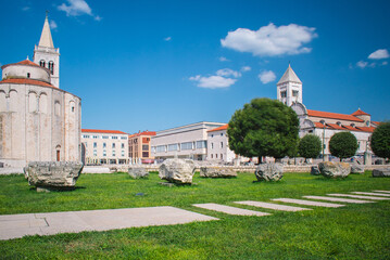 Ruins at the ancient Roman Forum in Zadar, Croatia. St. Mary's Church in the background