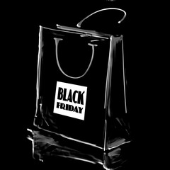art digital acrylic and watercolor painted one black shopping bag isolated on black background with label Black Friday; monochrome 3d; white graphic;