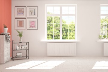 Fototapeta na wymiar White stylish empty room with home decor and summer landscape in window. Scandinavian interior design. 3D illustration