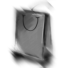 art digital acrylic and watercolor painted one monochrome grey shopping bag isolated on white background with space for text and label; monochrome 3d graphic