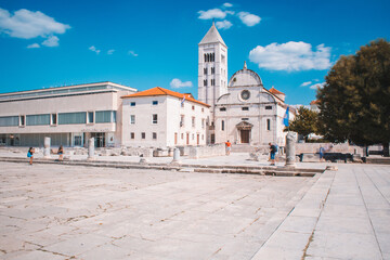 St. Mary's Church and Bell Tower at the ancient Roman Forum. Popular square in the old town of Zadar, Croatia