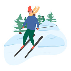 Young happy girl riding on ski vector flat cartoon illustration. Winter landscape, trees, snowdrifts.