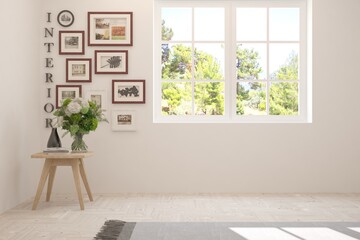 White stylish empty room with summer landscape in window. Scandinavian interior design. 3D illustration