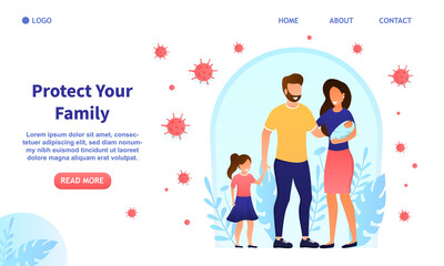 Happy attractive young family with kid and baby protected from viruses. The concept of family health or vaccination. Health safety. Prevention from diseases. Strong immunity. Flat Vector Illustration