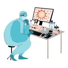 Virologist scientist studies coronavirus to protect people health. Laboratory with research equipment for 
vaccine development. Vector illustration isolated on white background.