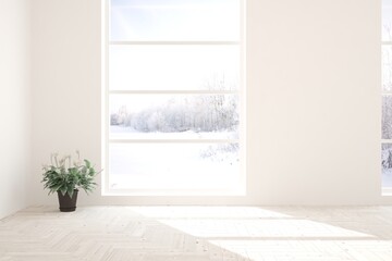White stylish empty room with winter landscape in window. Scandinavian interior design. 3D illustration